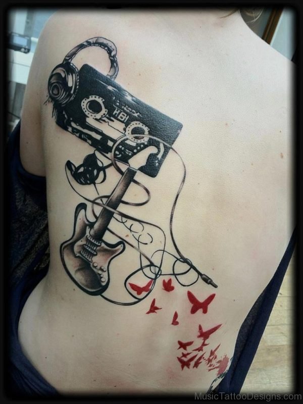 Guitar And Cassette Tattoo On Back