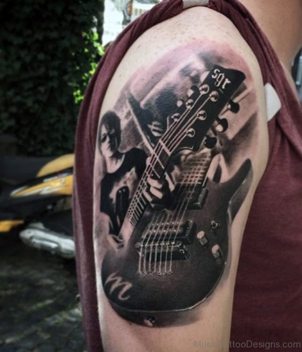 Guitar And Music Note Mens Tattoo