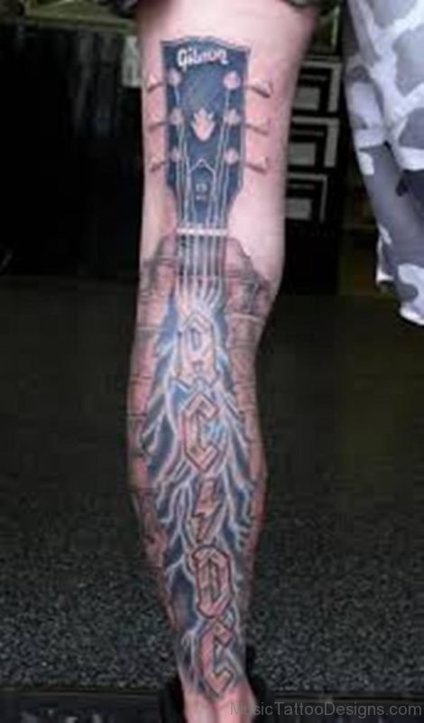 Guitar Tattoo On Leg Sleeve