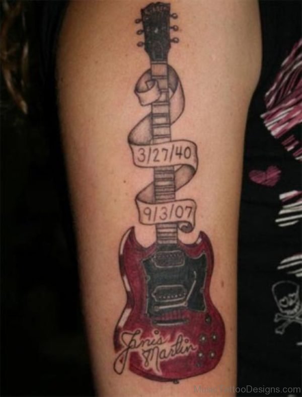 Guitar With Memorial Banner Tattoo On Half Sleeve 