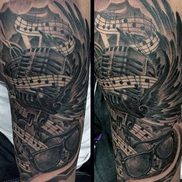 Impressive Black And Grey Musical Tattoo On Arms For Men