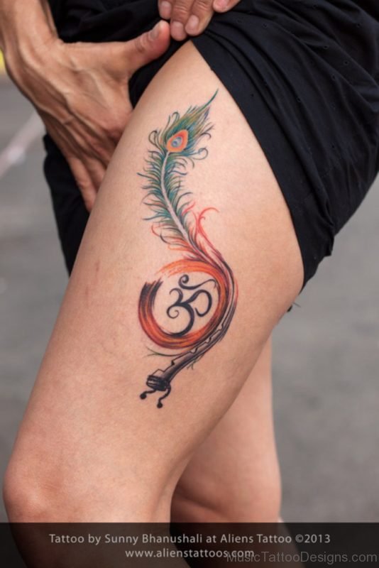 Krishna Flute Tattoo Peacock Feather With Om
