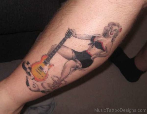 Nice Guitar Tattoo With Girl On Leg