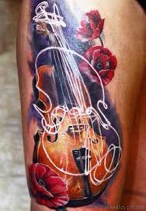 Poppy Flower And Violin Tattoo