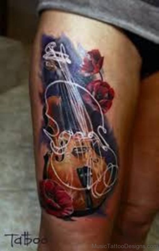 Realistic Flower Violin Tattoo