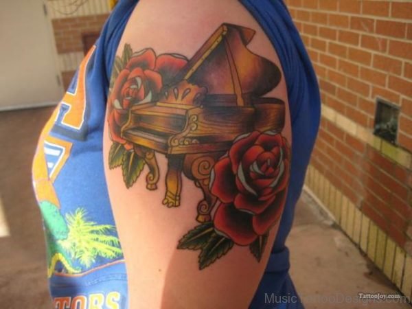 Red Rose And Grand Piano Tattoo On Left Shoulder