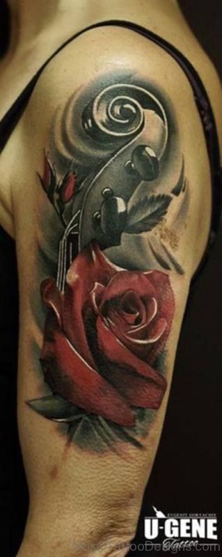 Red Rose And Violin Tattoo