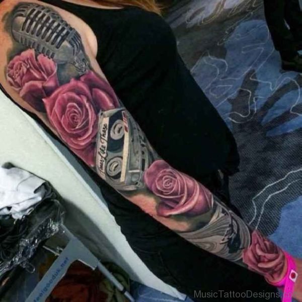 Rose And Cassette Tattoo On Full Sleeve