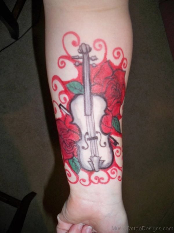 Rose And Violin Tattoo On Wrist