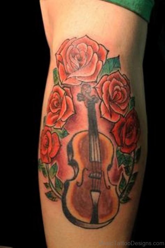 Rose Flower And Violin Tattoo