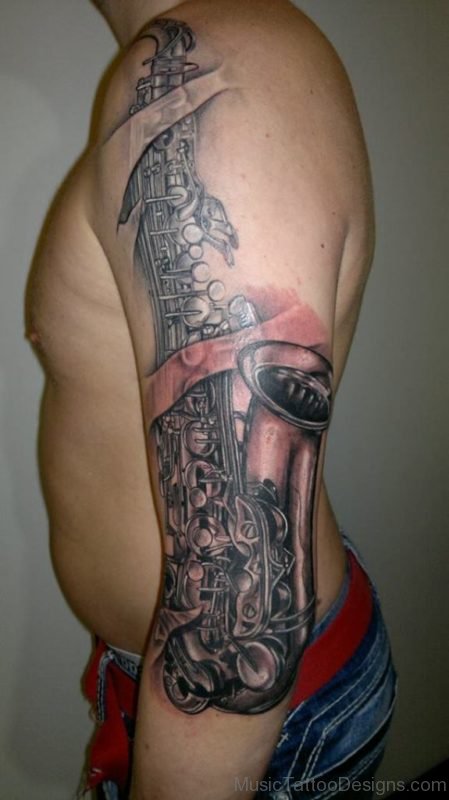 Saxophone Tattoo On Half Sleeve