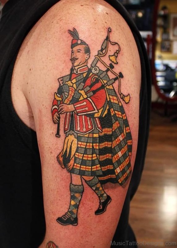 Scottish Bagpipe Player Tattoo On Left Half Sleeve