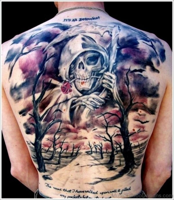 Skull And Violin Tattoo On Back