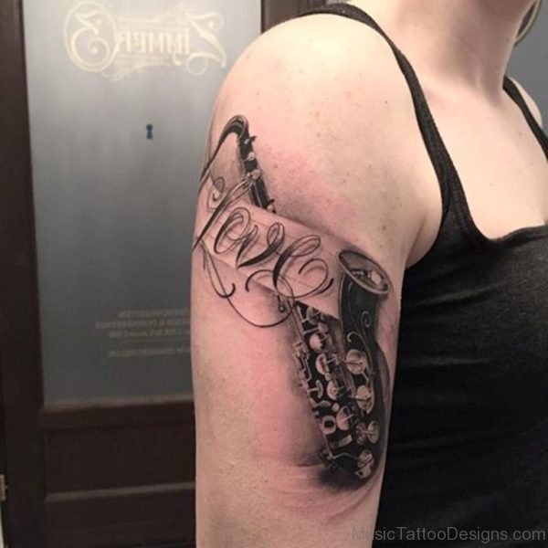 Stylish Saxophone Tattoo On Shoulder