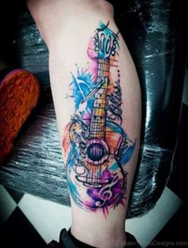 Attractive Guitar Tattoo On Leg