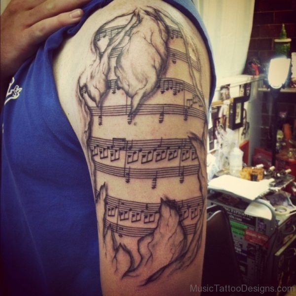 Awesome Music Tattoo On Half Sleeve