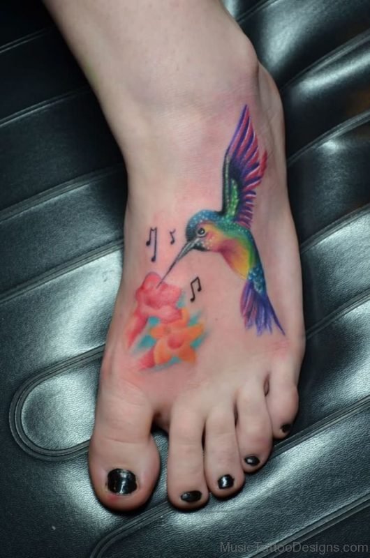 Bird And Music Tattoo On Foot