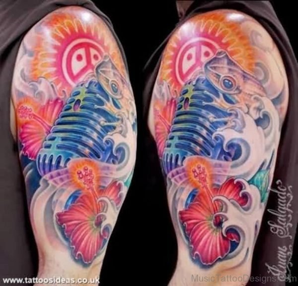 Color Flowers And Music Tattoo On Half Sleeve
