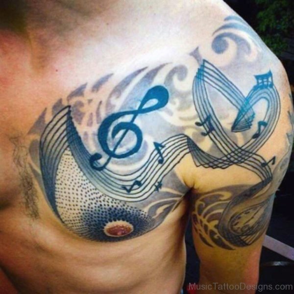 Cool Blue Musical Tattoo On Chest For Men