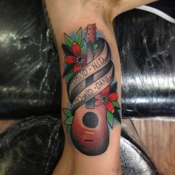 Flowers Guitar Tattoo on Leg