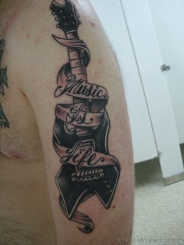 Music Is Life Nice Guitar Tattoo On Half Sleeve For Men