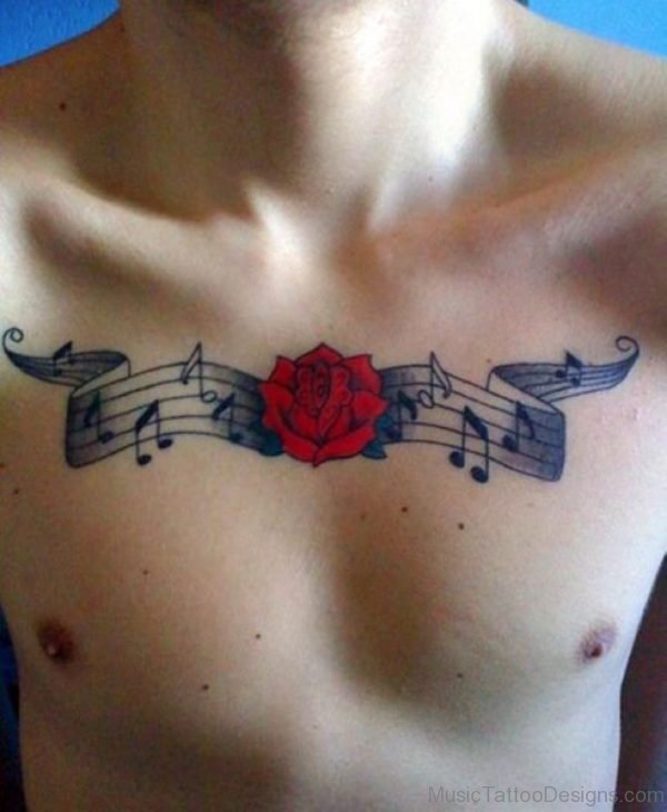 Rose And Music Tattoo On Chest
